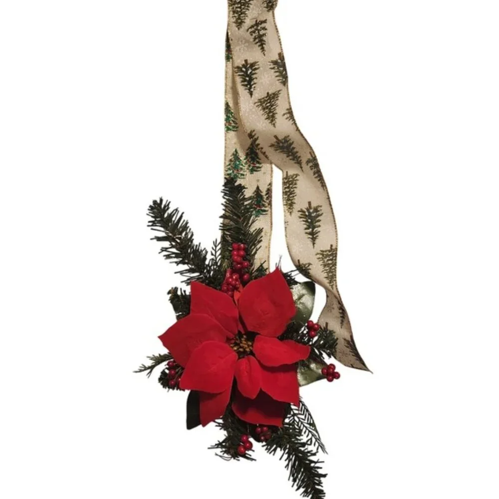 Christmas Poinsettia Door Swag Red Floral Pine Cone Berry Wreath Accent‎